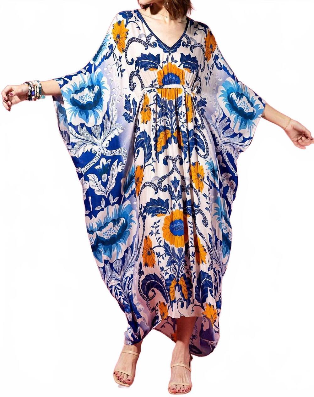 NEW URBANISTA mazarine zinnia floral kaftan dress in blue